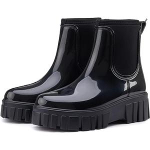 Gets Womens Rain Boots, Waterproof Platform Rubber Chelsea Rainboots, Comfortable Short Shoes Ankle Garden Boots for Outdoor Work (Black), Size 7