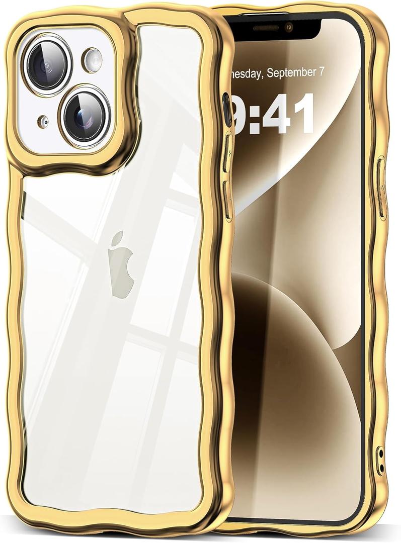 3 x SKYLMW Compatible with iPhone 14 Plus Case, Kawaii Cute Curly Wave Frame Luxury Plating Edge, Stylish Glossy Clear Back, Soft TPU Shockproof Protective Cases for iPhone 14 Plus, Gold