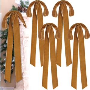 Joottuan 4 Pcs Velvet Christmas Bows, 23.5 x 8.7 Inches, Rustic Classic Style, Khaki Color, Velvet Material, Christmas Occasion, Holiday & General Decoration