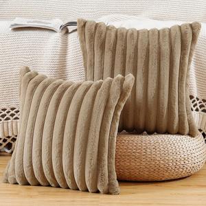 MADIZZ Set of 2 Faux Wool Plush Decorative Throw Pillow Covers 22x22 Inch Brown Fluffy Striped Soft Decorative Cushion Cover for Sofa Bedroom Pillow Shell