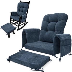 5 PCS Glider Rocker Replacement Cushions with Storage Side Pocket, Luxuriy Chenille Fabric Foam & Microfiber Filling, Thickened & Supportive Rocking Chair Cushion Set, Dark Blue