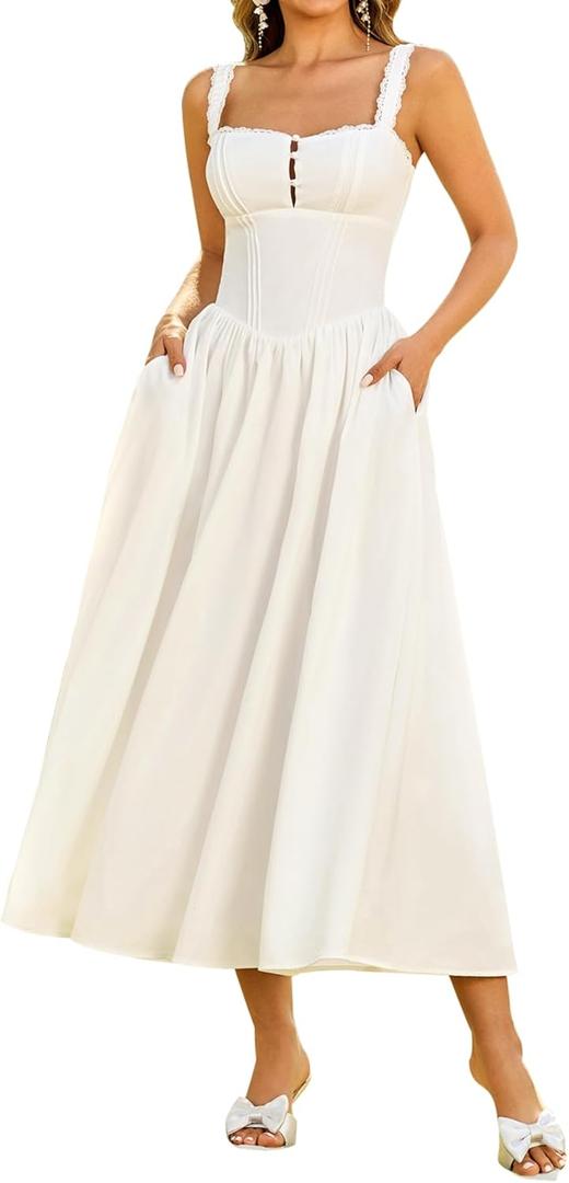 KUTUMAI Women Summer Corset Midi Dress Floral Lace Smocked Flowy A Line Wedding Guest Bridal Shower Dresses with Pockets, M