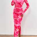 PRETTYGARDEN Women's Bodycon Maxi Dress Fall Spring Fashion Long Sleeve Floral Print Tight Fitted Party Club Ruched Dresses (Pink, L)