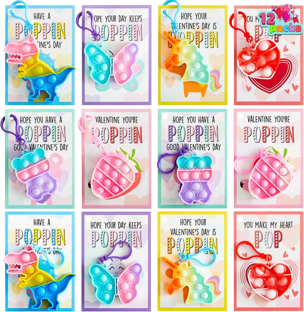 JOYIN 12 Packs Valentine's Day Cards with Pop Fidget Keychain Toys, Stress Anxiety Relief Fidget Toys with Cards for Kids Valentine Classroom Exchange Prizes, Valentine's Day Party Favors