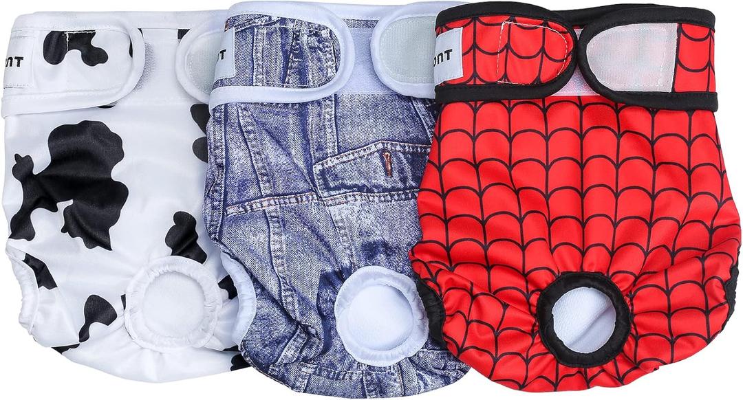 Avont 3 Pack Washable Female Dog Diapers, Premium Reusable Highly Absorbent Doggie Period Panties Durable Dog Diaper Cover -S Web/Milk/Jeans