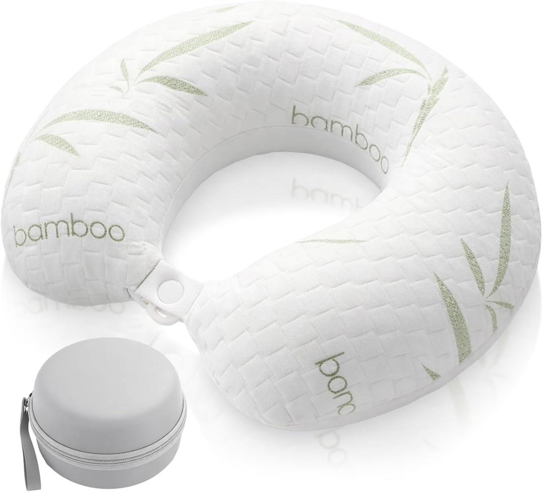Bamboo Memory Foam Travel Pillow Set for Airplanes Head Support Neck Pillow for Sleeping Travel Headrest for Cars Planes Machine Washable Cover
