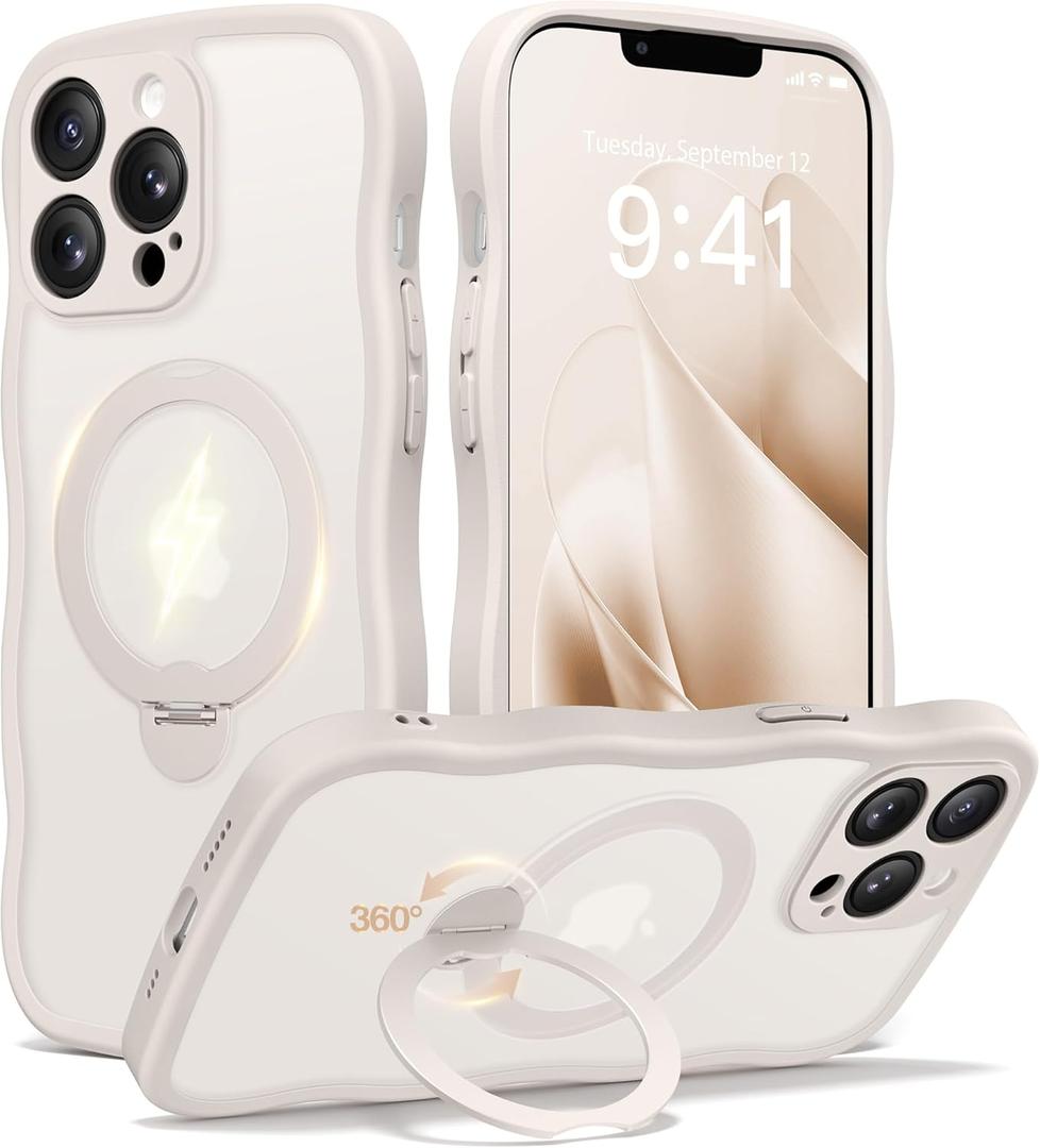 CAPRARO for iPhone 13 Pro Max Case with 360 Spin Magnetic Stand for Women, [Compatible with MagSafe] [Full Camera Protection] Cute Wave Translucent Matte Case for iPhone 13 Pro Max, Stone