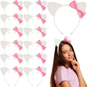 12 Pcs Kitty Cat Ears Headbands Gift for Christmas Kitty Friends Birthday Party Favor Cute Kawaii Kitten Decoration(Pink,Classic)