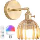 Vintage Battery Operated Wall Sconce with Cute Amber Tulip Glass Lampshade Wireless Rechargeable Battery Powered Wall Light with Remote Control for Bedside Bedroom Doorway
