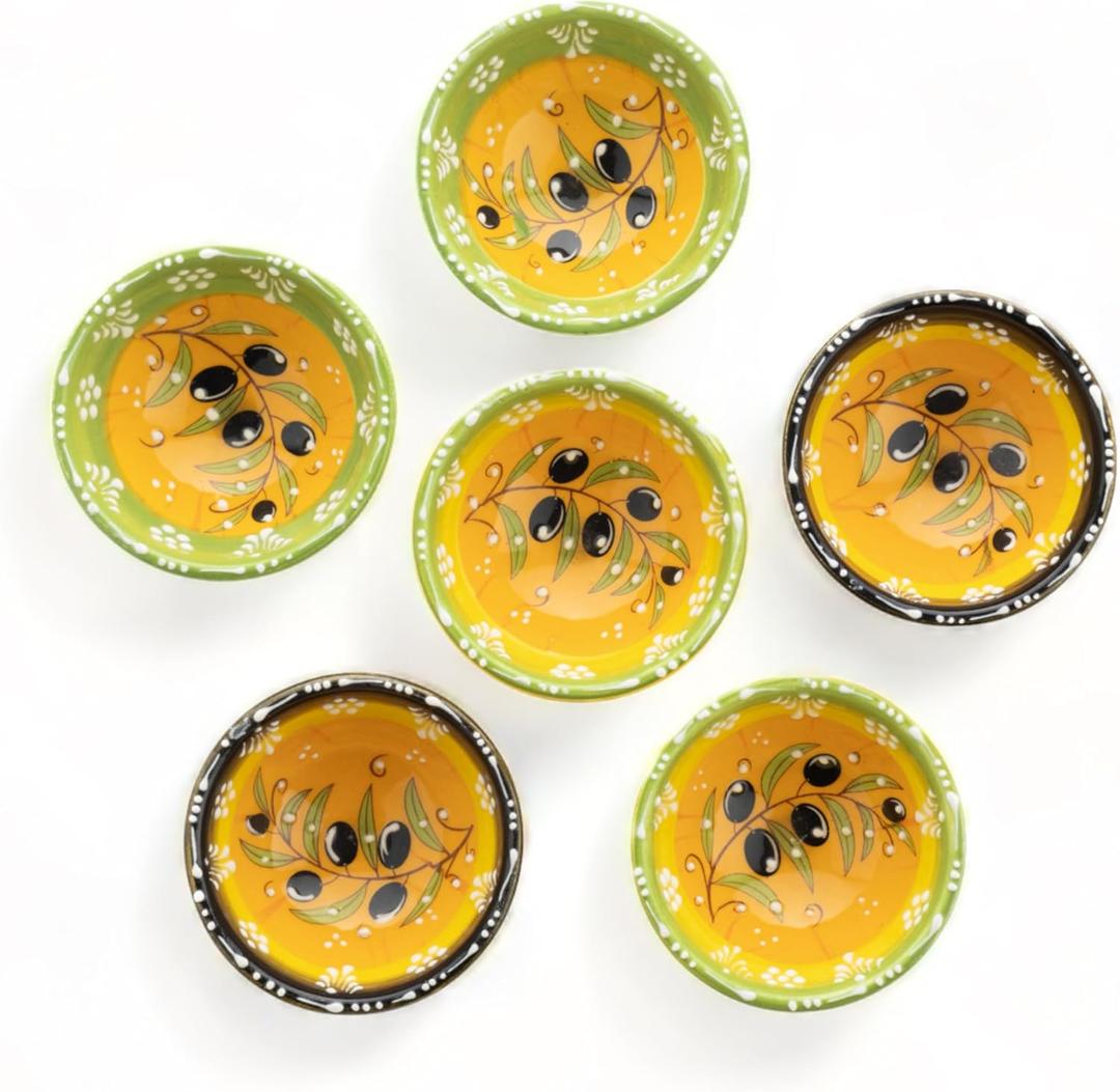 Ceramic Small Dipping Bowls Set of 6, 3.5 Oz Soy Sauce Dish, Handmade Charcuterie, Colorful Pinch, Dishwasher & Microwave Safe Sauce, 3.2'' Mini (OLIVE BRANCH)