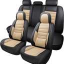 MINGBRON Car Seat Covers Full Set, Brown Car Seat Cover Lumbar Support, Car Seat Protector Waterproof, Nappa Leather Car Seat Cushion, Front Seats and Back Fit for Most Cars Beige