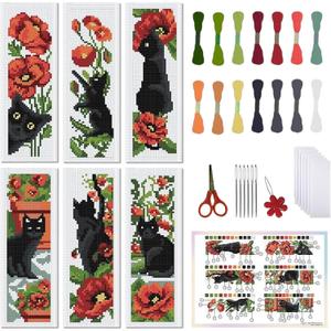FREEBLOSS 6Pcs Cross Stitch Bookmark Kits Cat Stamped Embroidery Bookmarks Beginner Embroidery Kit with Instructions Counted Cross Stitch Kit for Hand Embroidery Adults