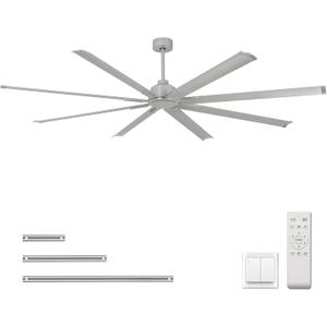 96 inch Large Industrial Ceiling Fan - DC Motor Shop Ceiling Fans with Remote Control Home or Commercial Ceiling Fan for Warehouse/Garage/Gym/Shop,6-Speed Silver No Light