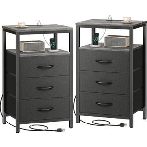 Huuger Nightstands Set of 2, 27.6 Inch End Tables with Charging Station, Fabric Drawers, Bedside Tables with USB Port and Outlet, Night Stands for Bedroom, Charcoal Gray