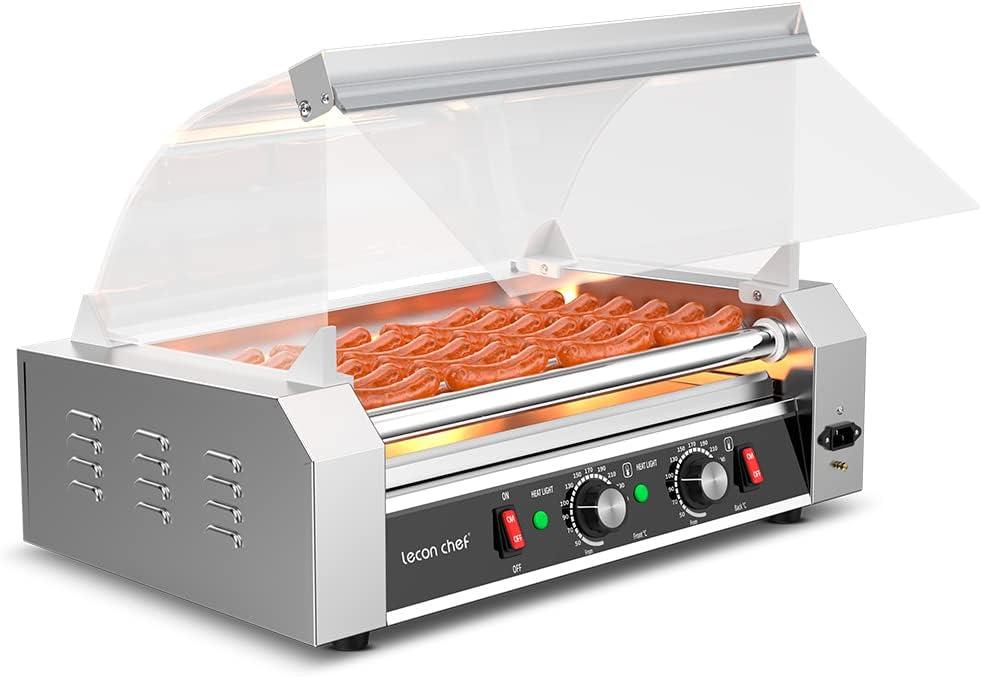 Leconchef Hot dog roller machine Commercial Grade Stainless Steel Electric 24 Hot Dog 7 Roller Grill Cooker Machine with Detachable Glass CoverDust cover and LED Lights, 1200-Watts