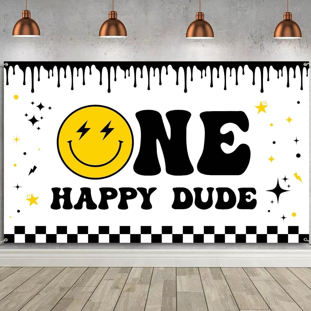 One Happy Dude Newborn Boys & Girls Birthday Banner - 1st Birthday Photo Booth Background - 70.8 x 43.3 Inch
