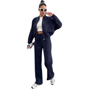 Women's Two Piece Tracksuit, Long Sleeve Zip Up Sweatshirt, Long Pants Set, Size XL, dark blue