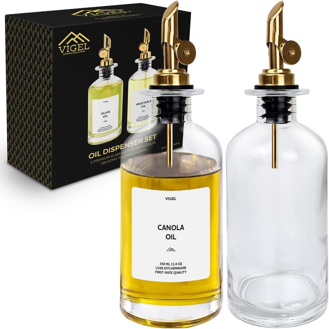 Vigel Premium Oil Dispenser Set, Olive Oil Dispenser, Oil Bottle For Kitchen, Easy Refill Glass Bottle Dispenser, Weighted Pourer Customizable Labels & Funnel, Holiday Gift, Kitchen Accessories 350 ml