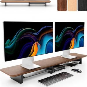 KIVY Dual Monitor Riser with Integrated Metal Shelf - Wooden desk shelf for top of desk - Wood monitor stand for desk 2 monitors / tv - Dual monitor stand riser for desk - Large walnut monitor stand