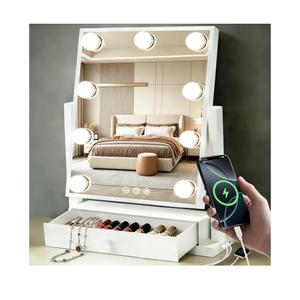 Makeup Mirror with Lights with Drawer Storage Type-C and USB Charging PortVanity Mirror with Charging Station Hollywood Mirror 9 LED Bulbs 3 Colors Dimmable Gifts No installation required