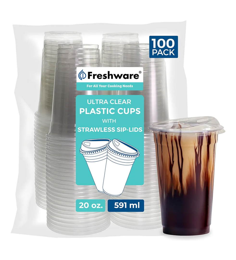 Freshware Clear Plastic Cups with Strawless Sip Lids [100 Cups - 20 oz] Disposable Tumblers for Iced Coffee, Smoothie, Milkshake, Cold Drinks