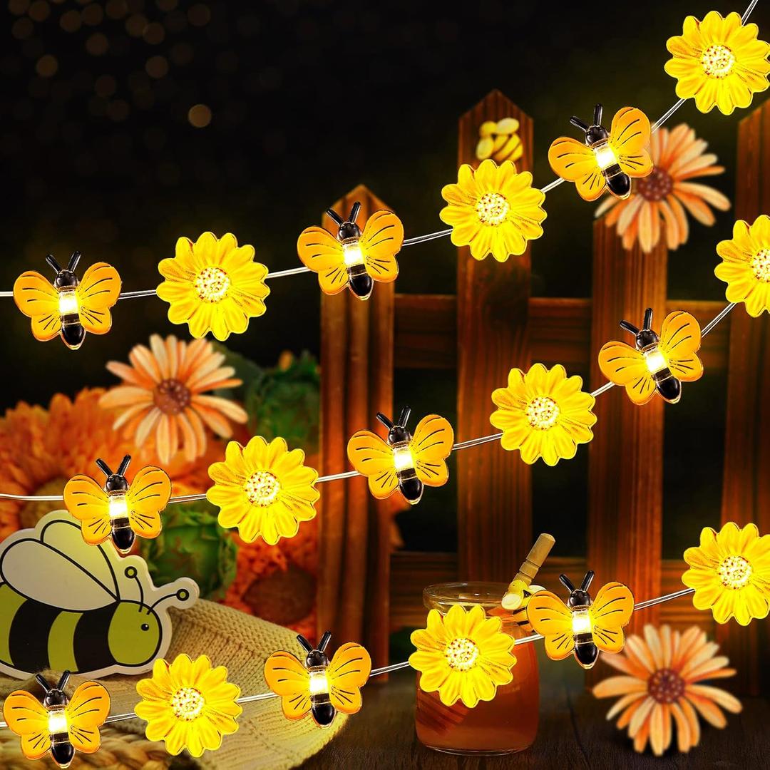 Zhanmai 2 Pcs Bee String Lights Decor 20ft Honeybee Fairy Lights with 60 LED Bulb Battery Operated Bee Tree Decorative for DIY Bedroom Patios Summer Party Indoor Outdoor Wedding Camping
