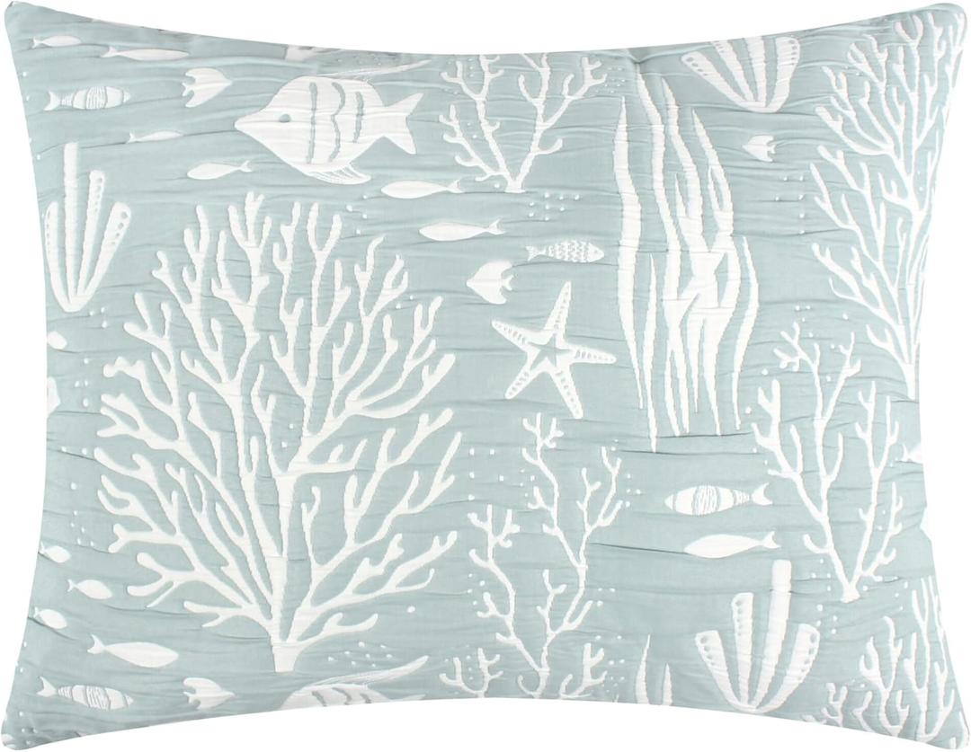 Greenland Home Coastal Paradise Woven Jacquard Matelasse Pillow Sham, King, Marina Seafoam