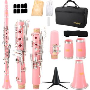 Bb Clarinet For Beginners Students B Flat Clarinet 17 Keys Clarinet with Case Stand Strap 2 Barrels 8 Mouthpiece Cushion White Gloves(Pink)