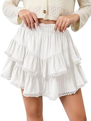 calbatic Womens Flowy Ruffle Tiered Skorts Elastic High Waist Lace Trim Mini Skirts Golf Tennis Crochet Shorts White, Medium