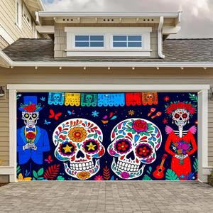 Day of The Dead Garage Door Cover 13x6Ft Dia de Los Muertos Couple Skeleton Banner Colorful Sugar Skull Garage Decoration Mexican Halloween Decor Romantic Skeleton Backdrop Decoration
