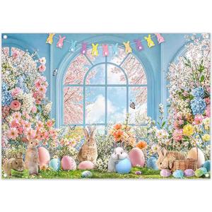 7x5ft Easter Blue Window Backdrop Spring Flowers Colorful Eggs Cherry Blossoms Bunny Flag Photography Background Family Festival Party Decor Photo Booth Banner