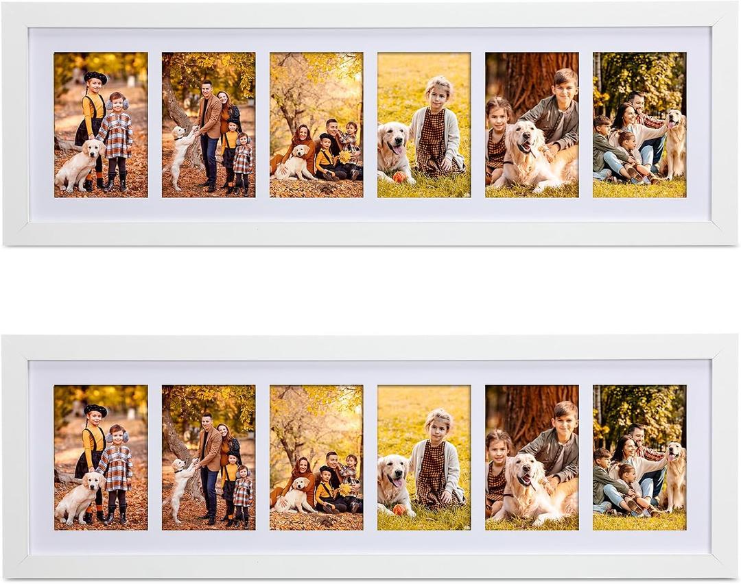 2 Pcs 28.4 x 9.5 Inches Collage Picture Frames for Wall Multiple 4 x 6 Inch Wood Picture Frame Display 6 Opening Multi Photo Frame with Acrylic Screens Horizontal and Vertical(White), 28.4 x 9.5 inches / 72 x 24 cm