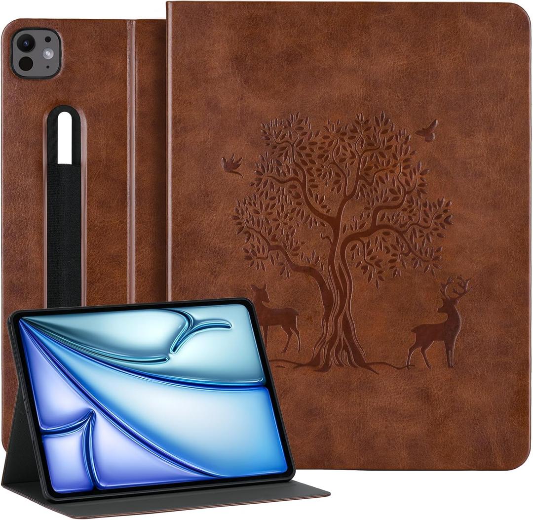 HFcoupe for iPad Air 13 inch Case M3/M2 (2025/2024) & iPad 12.9 Cases 6th/5th/4th Generation with Elastic Pencil Holder, Auto Wake/Sleep Cover Magnetic Closure, Embossed Lucky Tree Design, Tan (Brown)