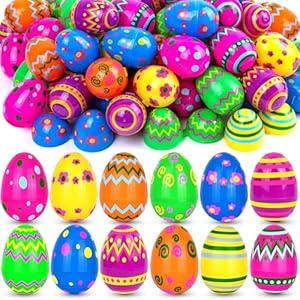 Envotek 60 Pack Plastic Printed Easter Eggs, 2.4 Inch Fillable Empty Eggs Bulks for Easter Eggs Hunt, Easter Basket Stuffers Fillers, Classroom Prize Supplies, Filling Treats and Party Favors