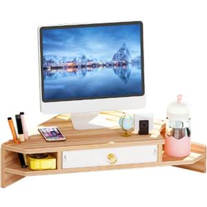 Triangle Monitor Stand Riser,Cut Triangle Save Space Desktop Corner,Desktop corner shelf with drawers wooden computer stand with storage laptop risers office organization. (Have drawers)