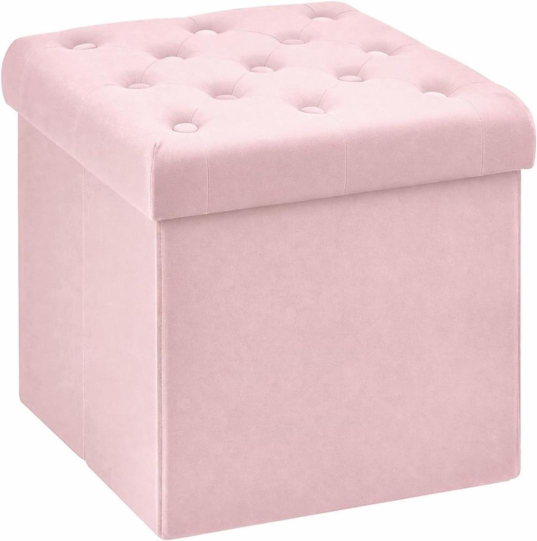 B FSOBEIIALEO Storage Ottoman Cube, Velvet Tufted Folding Ottomans, Pink, 15.7"D x 15.7"W x 15.7"H