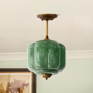 Milk Glass Ceiling Light Fixture - Antique Brass Semi Flush Mount Pendant Light for Kitchen, Hallway, and Bedroom (Green, 9 inch)