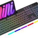 Soueto Wireless Keyboard with 7-Color RGB Backlit, Full-Size Computer Keyboard with Phone Tablet Holder, 2.4G Rechargeable Gaming Keyboard with Light Up Keys, Compatible with Mac, Windows (Black)