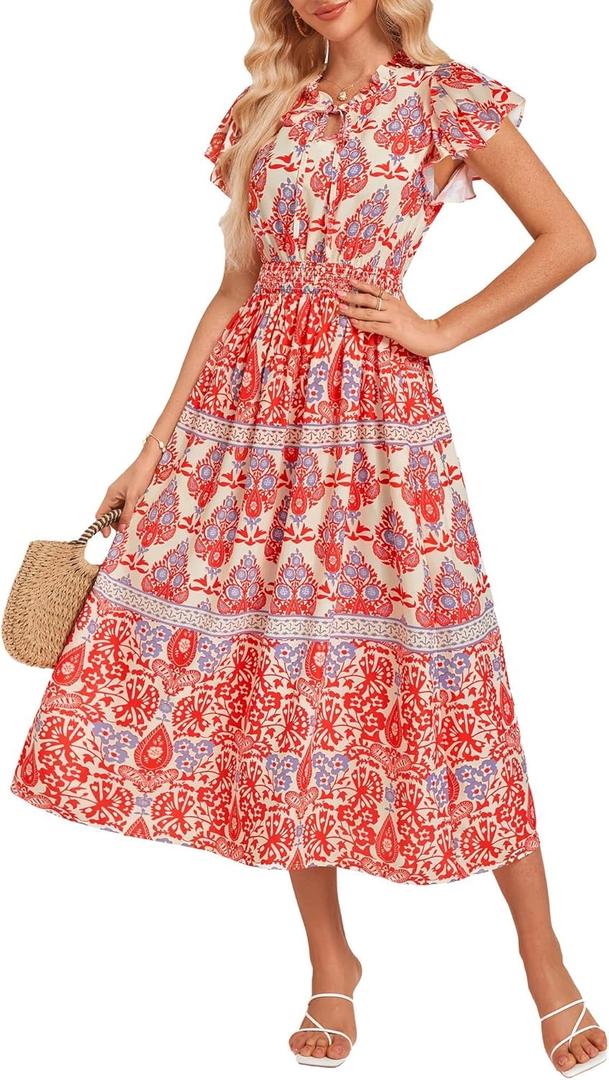 GRACE KARIN Women's Floral Boho Dress Hawaiian Dresse Short Sleeve V Neck Summer Beach Wedding Guest Swing Maxi Sundress (S)