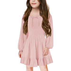 Batermoon Girls Long Sleeve Square Neck Casual Boho Smocked Short Dresses 5-14 Years