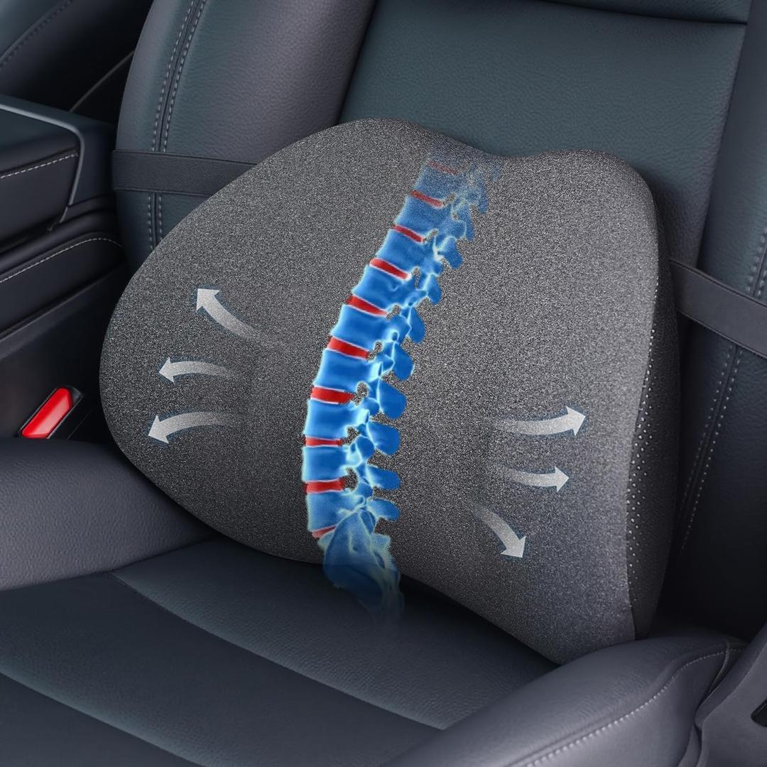 Lumbar Support Pillow for Car, Memory Foam Back Cushion for Lower Back Pain Relief, Ergonomic Car Seat Support with Breathable Airflow Channels for Driving, Office Chair, Wheelchair (longest 15.35" * widest 10.83"* highest 4.72")