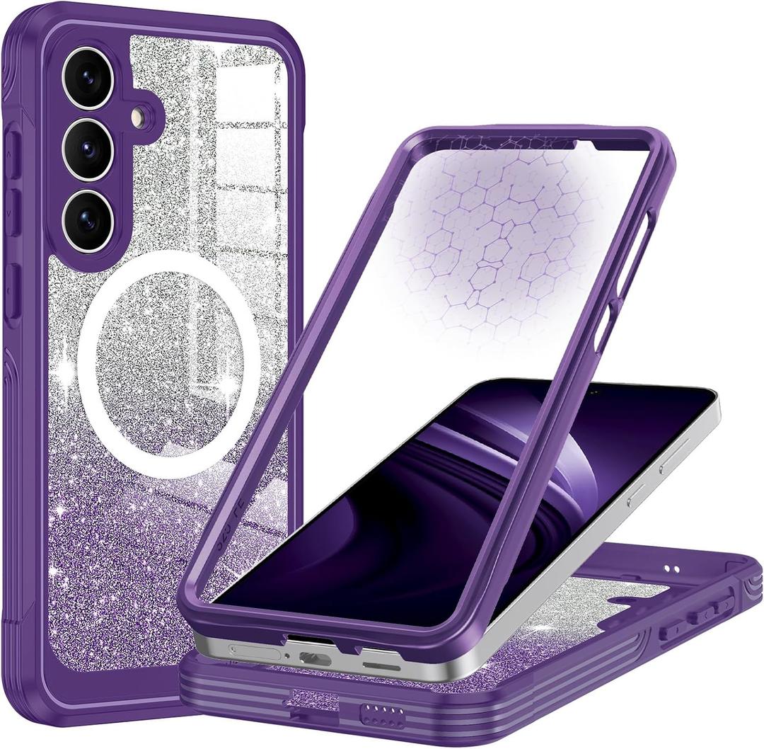Hekodonk for Galaxy S25 FE Case Glitter,Compatible with MagSafe[Built-in Tempered Glass Screen Protector & Camera Lens Protection] Full Body Shockproof Protective Bling Phone Case,Amethyst Purple