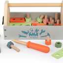 M MEEPO Wooden Toddler Tool with Box, Play Construction Toy Tool Bench with Basket