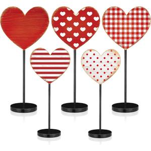 5 Pcs Valentine's Day Tables Decoration Wooden Heart Tables Centerpieces Valentine's Tall Standing Tabletop Sign Love Decor for Valentines Day Wedding Party Favor Supplies(Classic)