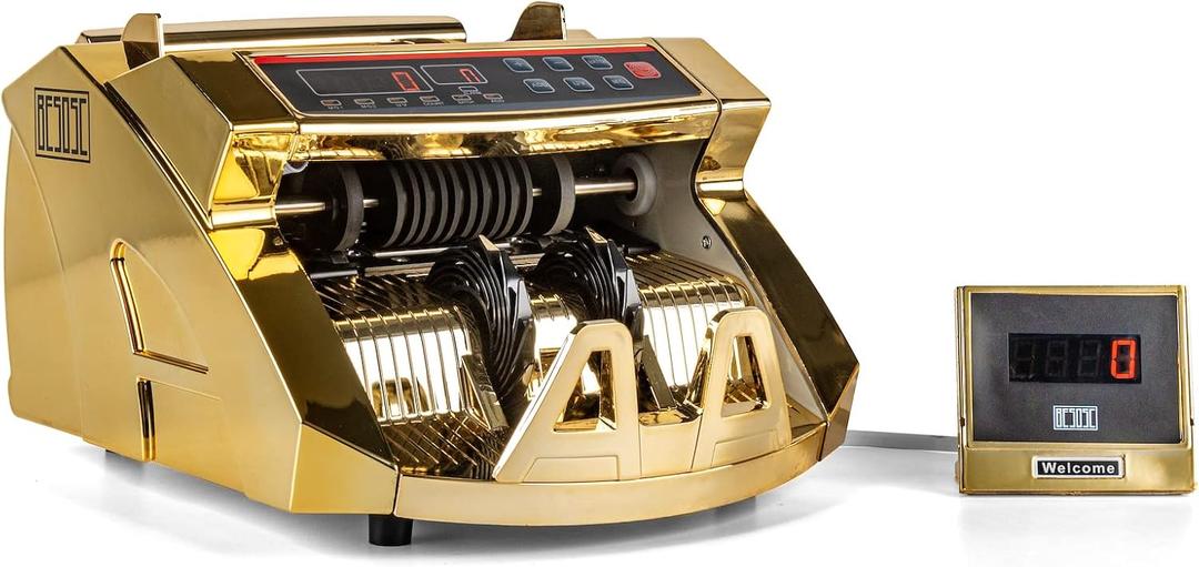 Gold Money Counter by BESOSC with UV/MG Detection, 80W Bill Counter with Counterfeit Bill Detection, LED Display, 1000 pcs per Minute, no Mixed Bill Counting
