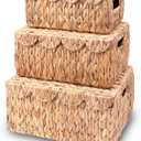 Scalloped Edge Wicker Basket with Lid, Rectangle Wicker Storage Basket with Built-in Handles, Multipurpose Organizer Rattan Display Boxes for Shelf, Nursery Room, Set of 3
