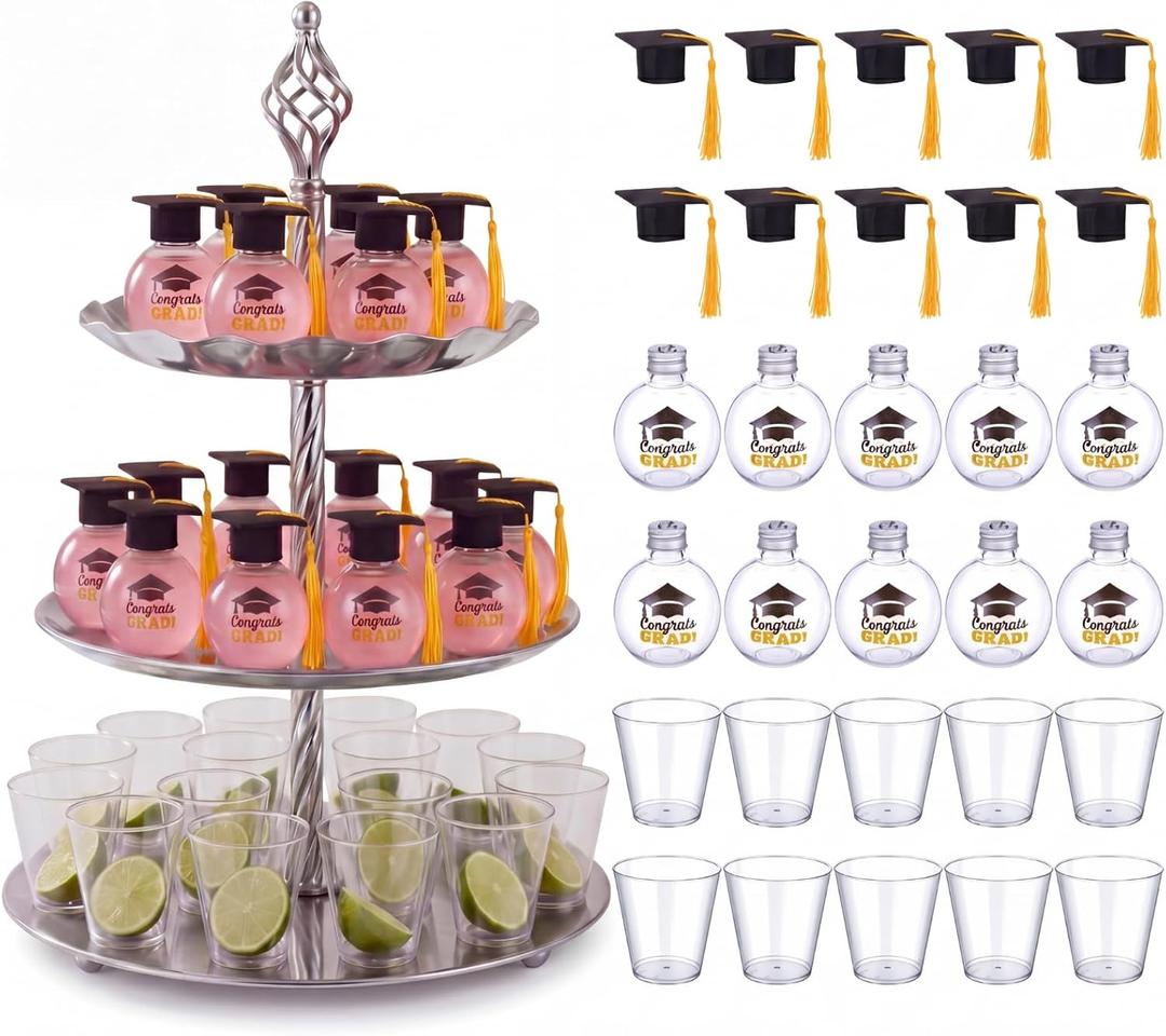 30 Set Graduation Fillable Drink Balls, Mini Felt Graduation Caps with Tassels and 9 oz Plastic Clear Cups, Hanging Graduate Party Ornaments for Holiday Celebration Decoration (Yellow)
