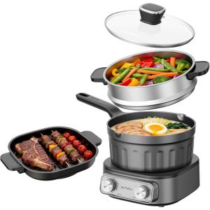 N73SNA Hot Pot Electric Nonstick, PFOA-Free Multi-Cooker 2.5 Quart Grill Steamer Set, Portable Hot Pot for Fried Rice, Oatmeal, Steak, Soup, Egg, Ramen with Power Adjustment