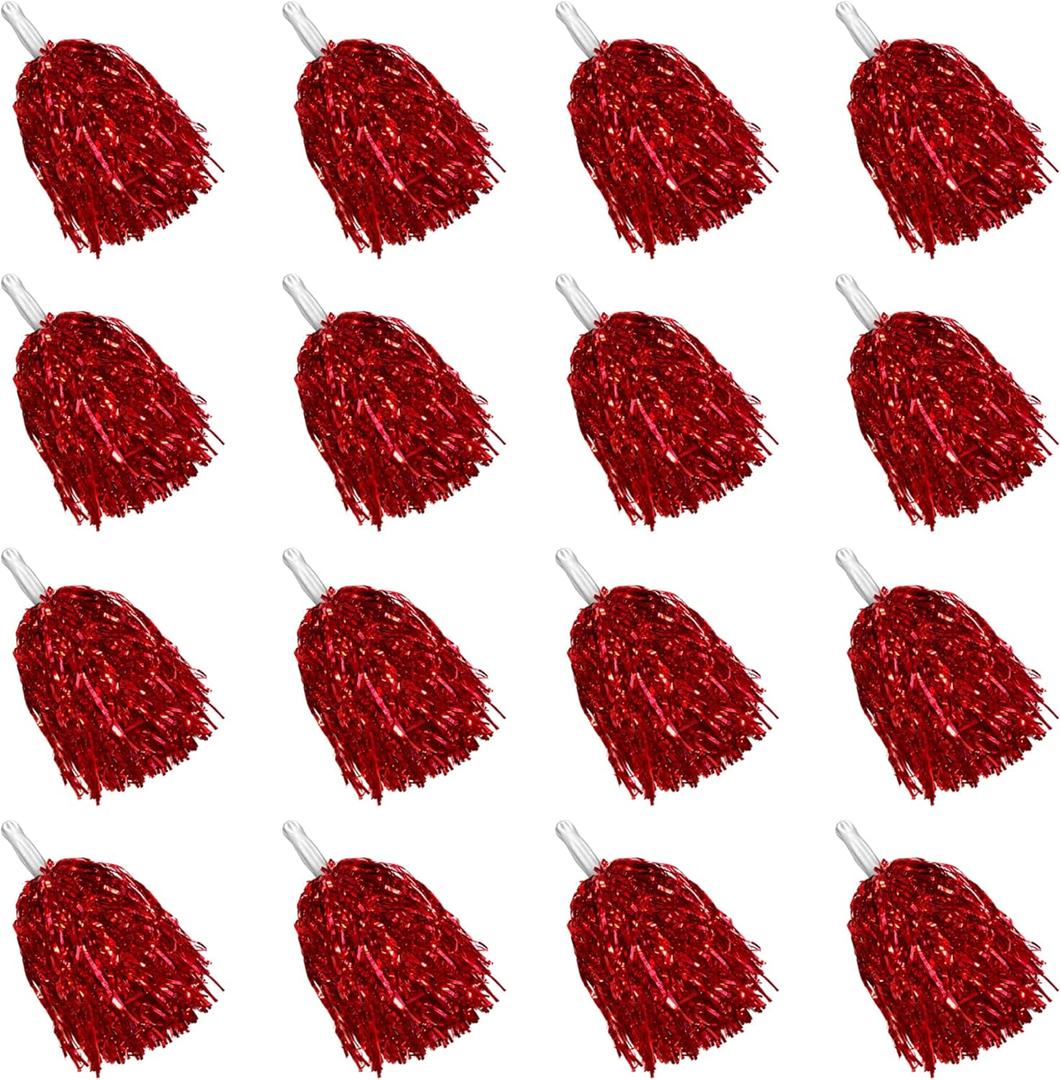 16PCS Cheerleading Pom Poms Metallic Foil Plastic Pom Poms with Baton Handle for Game Sports Squads Dancing Party Football Basketball Club Spirit Sports Stage Performance Celebration (Red)