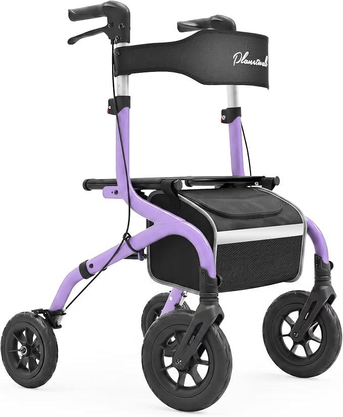 PLANET WALK Folding Rollator Walker for Seniors with 10" & 8" All-Terrain Thick Treaded Rubber Tires, 300lb Capacity Aluminum Frame, Breathable Seat & Backrest, Lightweight Mobility Aid, Purple